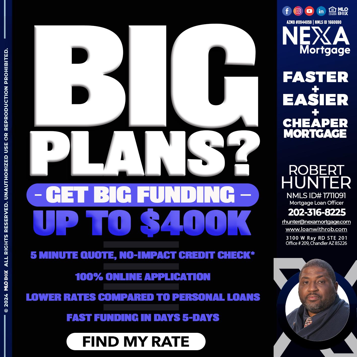 BIG PLANS - Robert Hunter -Mortgage Loan Officer